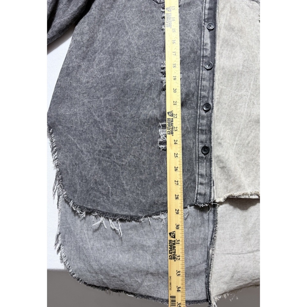 Thrill Jeans Distressed Split Large Denim Shirt Acid Wash Raw Hem Grunge Y2K - Picture 11 of 12